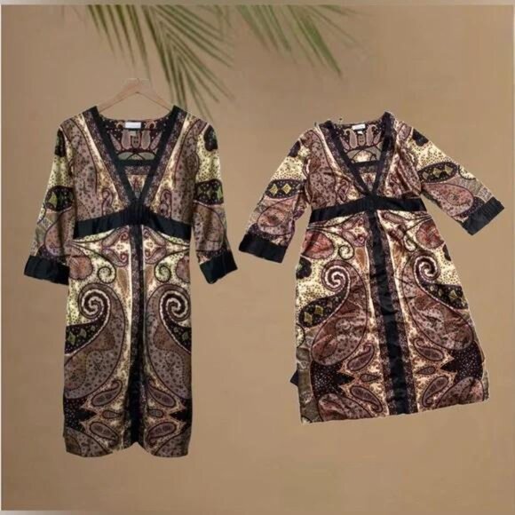 A Pea in the Pod YASB Maternity Dress Paisley Size M Women’s Bronze Black Kimono - Picture 2 of 7